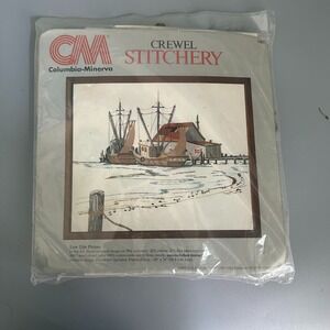 Vintage Columbia-Minerva Crewel Stitchery Kit Low Tide Picture 7421 Boats 1982